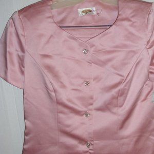 Pink Satin Fitted Classic Dress Rhinestone Crystal Flower Buttons Skirt Suit 4